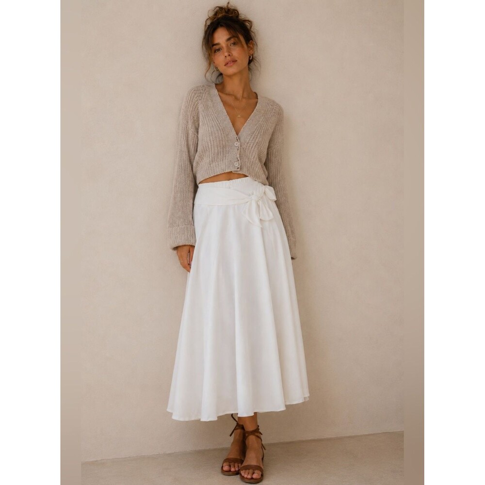 White A-Line Maxi Skirt Women Medium Tie Waist Flowy Formal
